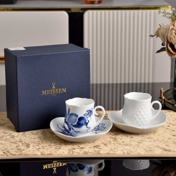 Porcelain coffee cup embossed Mason pattern, white, with saucer, Ink Orchid series.